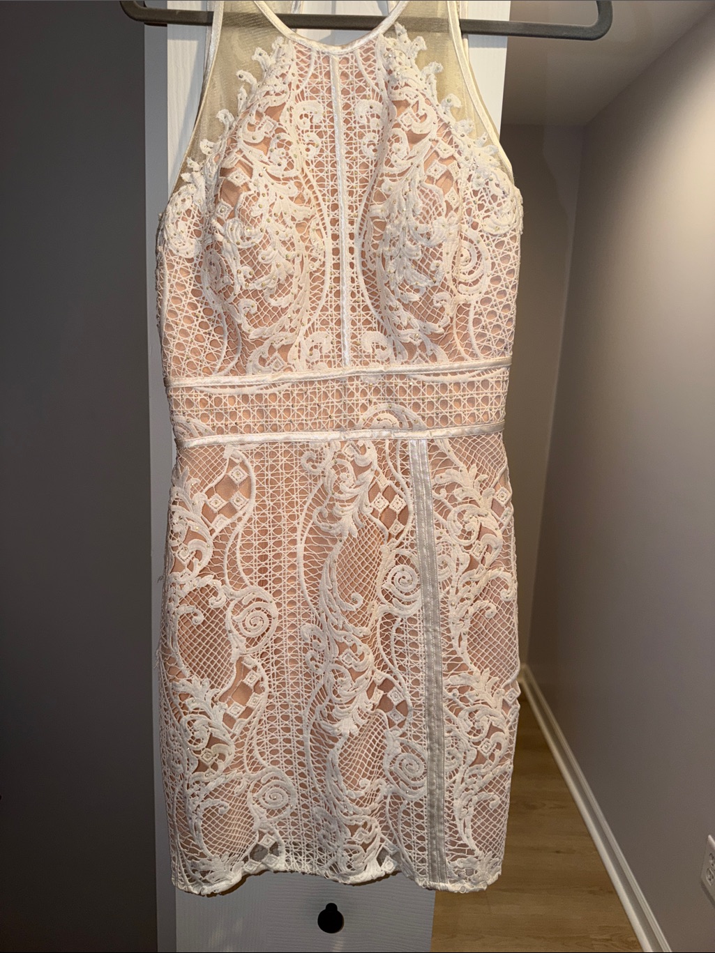 Ellie Wilde White Lace Mini Dress With Blush Lining